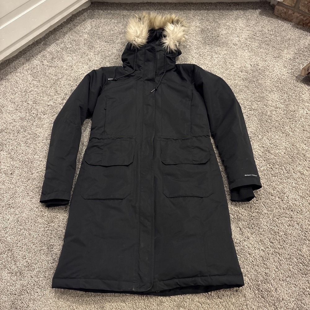 Columbia Women's Small Omni Heat Black Down Faux Fur Hooded Parka Coat Jacket S